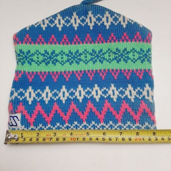 Retro 80's MURRAY MERKLEY 100% Wool Intarsia Geo Pattern Knit Beanie Hat Pom-Pom - Picture 9 of 16